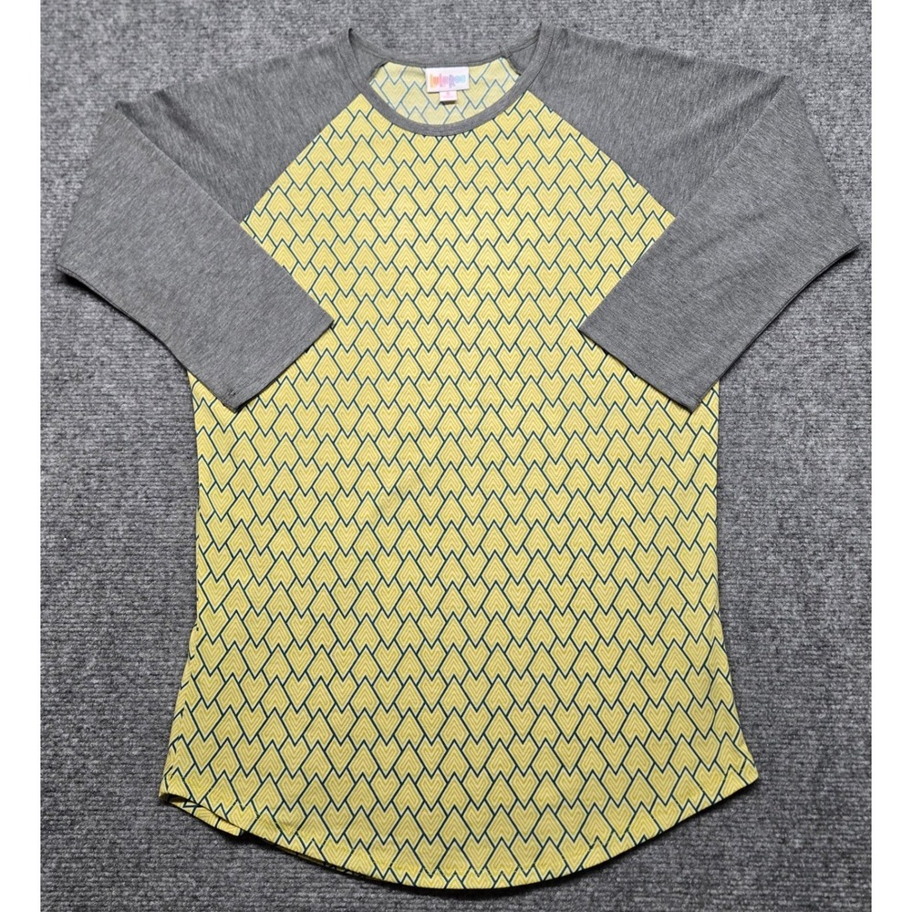 LuLaRoe Randy T-Shirt Womens S Yellow Gray Geometric Print 3/4 Sleeve Stretch